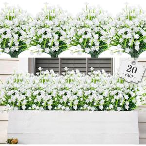 imageAmyHomie 20 Bundles Artificial Flowers for Outdoor Outside Spring Summer Decoration UV Resistant Faux Flowers No Fade Fake Plastic Plants Garden Porch Window Box DecoratingPure White
