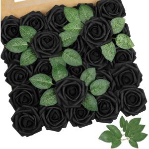 imageAmyHomie Artificial Flower Ivory Rose 25pcs Real Looking Fake Roses wStem for DIY Wedding Bouquets Centerpieces Arrangements Party Baby Shower Home DecorationsBlack