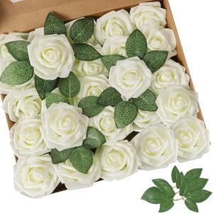 imageAmyHomie Artificial Flower Ivory Rose 25pcs Real Looking Fake Roses wStem for DIY Wedding Bouquets Centerpieces Arrangements Party Baby Shower Home DecorationsIvory