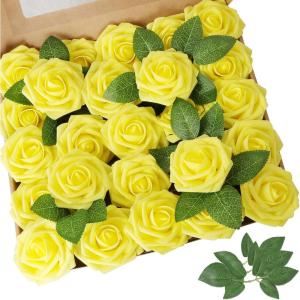 imageAmyHomie Artificial Flower Ivory Rose 25pcs Real Looking Fake Roses wStem for DIY Wedding Bouquets Centerpieces Arrangements Party Baby Shower Home DecorationsYellow