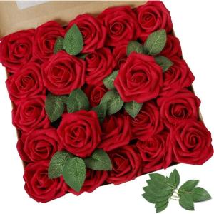imageAmyHomie Artificial Flower Ivory Rose 25pcs Real Looking Fake Roses wStem for DIY Wedding Bouquets Centerpieces Arrangements Party Baby Shower Home DecorationsDark Red