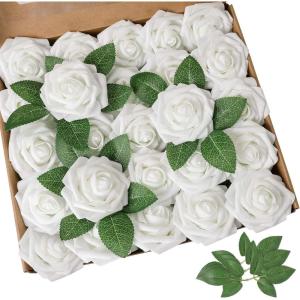 imageAmyHomie Artificial Flower Ivory Rose 25pcs Real Looking Fake Roses wStem for DIY Wedding Bouquets Centerpieces Arrangements Party Baby Shower Home DecorationsWhite
