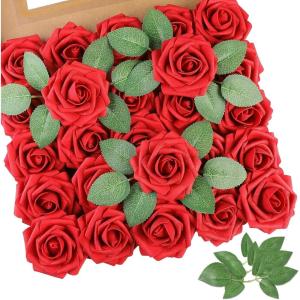 imageAmyHomie Artificial Flower Ivory Rose 25pcs Real Looking Fake Roses wStem for DIY Wedding Bouquets Centerpieces Arrangements Party Baby Shower Home DecorationsRed