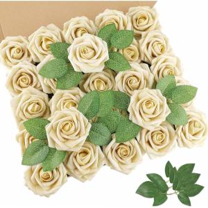 imageAmyHomie Artificial Flower Ivory Rose 25pcs Real Looking Fake Roses wStem for DIY Wedding Bouquets Centerpieces Arrangements Party Baby Shower Home DecorationsBeige