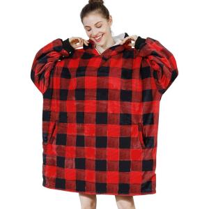 imageAmyHomie Blanket SweatshirtOversized Sherpa Hooded Blanket HoodieFleecehug Hoodie Wearable Blanket for Women Men KidsRed Plaid