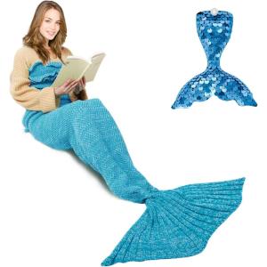 imageAmyHomie Mermaid Tail Blanket Kids Soft Blanket Crochet Mermaid Sleeping Bag Mermaid Gift for GirlsFish Scales Purple KidsLight Blue