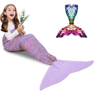 imageAmyHomie Mermaid Tail Blanket Kids Soft Blanket Crochet Mermaid Sleeping Bag Mermaid Gift for GirlsFish Scales Purple KidsLight Purple Rainbow
