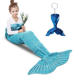 imageAmyHomie Mermaid Tail Blanket Little Mermaid Blanket Soft Crochet All Seasons Sleeping Blanket for Kids Mermaid Gift for GirlsBlue with RufflesKids