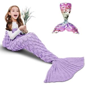 imageAmyHomie Mermaid Tail Blanket Soft Crochet Sleeping Bag Blanket for Kids Adults Mermaid Gift for GirlsRainbowKidsLightspurple