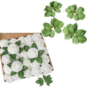 imageAmyHomie 100pcs White Rose wStem and 40pcs Leaves for DIY Wedding Bouquets Centerpieces Arrangements Party Baby Shower Home Decorations