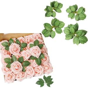 imageAmyHomie 25pcs Blush Pink Rose wStem and 40pcs Leaves for DIY Wedding Bouquets Centerpieces Arrangements Party Baby Shower Home Decorations