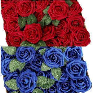 imageAmyHomie 25pcs red and 25pcs Royal Blue Roses Real Looking Fake Roses wStem for DIY Wedding Bouquets Centerpieces Arrangements Party Baby Shower Home Decorations