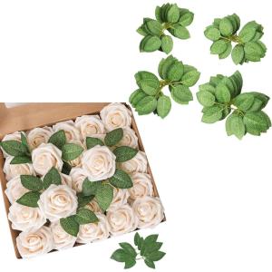 imageAmyHomie 50pcs Champagne Rose wStem and 40pcs Leaves for DIY Wedding Bouquets Centerpieces Arrangements Party Baby Shower Home Decorations