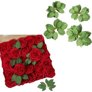 imageAmyHomie 50pcs Dark Red Rose wStem and 40pcs Leaves for DIY Wedding Bouquets Centerpieces Arrangements Party Baby Shower Home Decorations