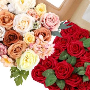 imageAmyHomie Champagne Artificial Flowers Combo and Red Rose 25pcs Real Looking Fake Roses wStem for DIY Wedding Bouquets Centerpieces Arrangements Party Baby Shower Home Decorations