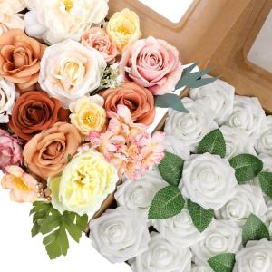 imageAmyHomie Champagne Artificial Flowers Combo and White Rose 25pcs Real Looking Fake Roses wStem for DIY Wedding Bouquets Centerpieces Arrangements Party Baby Shower Home Decorations