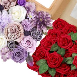 imageAmyHomie Purple Artificial Flowers Combo and Red Rose 25pcs Real Looking Fake Roses wStem for DIY Wedding Bouquets Centerpieces Arrangements Party Baby Shower Home Decorations