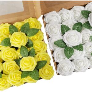 imageAmyHomie White and Yellow Rose 25pcs Real Looking Fake Roses wStem for DIY Wedding Bouquets Centerpieces Arrangements Party Baby Shower Home Decorations