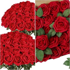 image:imageAmyHomie 25pcs Dark Red Foam Rose and 48pcs Red Velvet Rose with Stem for Wedding Bouquets Baby Shower Party Home Decor Fake Flowers Gifts for Valentines Mothers Day Womens Day