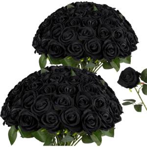 image:imageAmyHomie 48 PCS Black Roses Velvet Realistic Artificial Flowers with Bendable Stems for Wedding Bouquets Baby Shower Party Home Decor Fake Flowers Gifts for Valentines Mothers Day Womens DayBlack