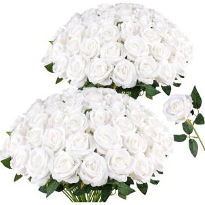 image:imageAmyHomie 48 PCS Black Roses Velvet Realistic Artificial Flowers with Bendable Stems for Wedding Bouquets Baby Shower Party Home Decor Fake Flowers Gifts for Valentines Mothers Day Womens DayWhite
